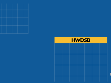 Blue graphic with faint calendar-style grids. A larger calendar block on the right has a yellow header labeled ‘HWDSB.’ Smaller grid elements and abstract squiggles appear on the left and right as decorative accents.