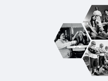 Three hexagon‑shaped photos showing groups of people collaborating and smiling in classroom and group settings, arranged on a light grey background.